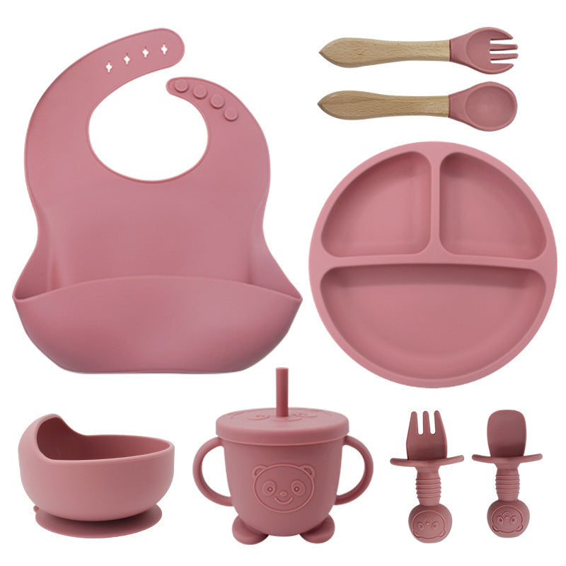 8PCS Mother and baby silicone bibs, silicone dinner plates, eight-piece set, baby food training suction cup bowl, baby divided tableware set - Korvel