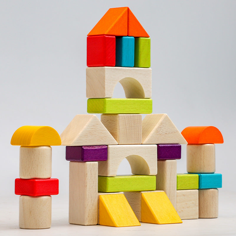 Wooden box packed building blocks, shape recognition, creativity, assembly thinking, exercise, color recognition, early education, interactive wooden toys - Korvel