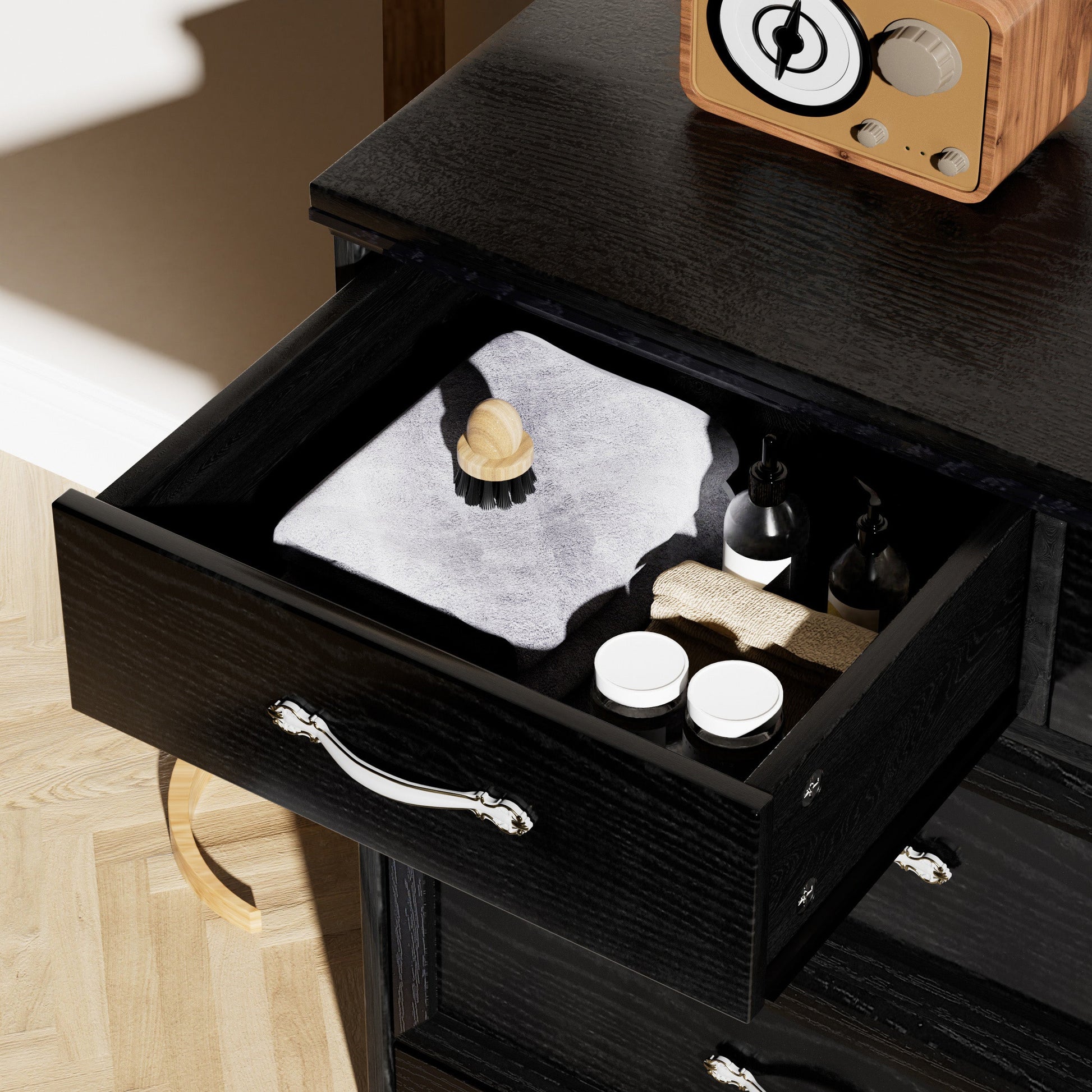 Modern 3 Drawer Bedroom Chest of Drawers with 7 Drawers Dresser, Clothes Organizer -Metal Pulls Black, 47.6″L x 15.7″W x 26.6″H - Korvel