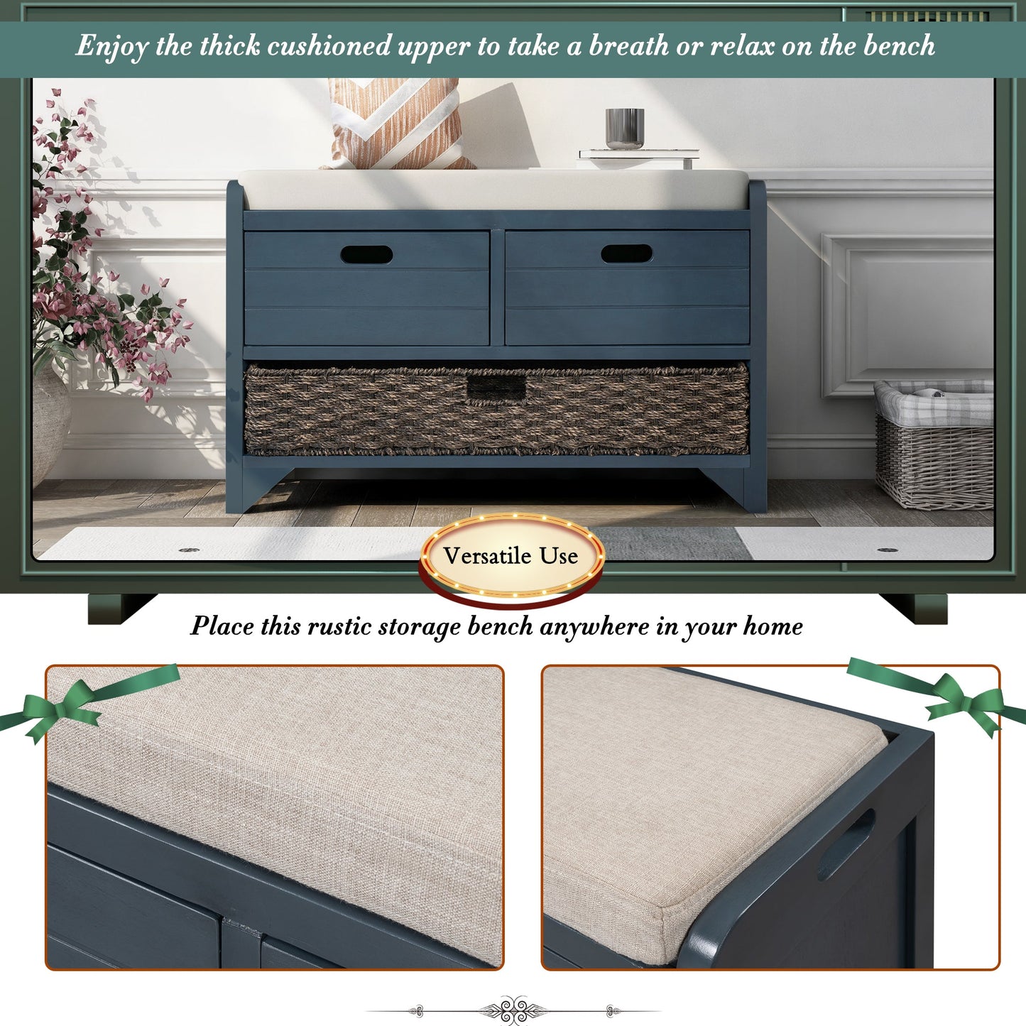 TREXM Storage Bench with Removable Basket and 2 Drawers, Fully Assembled Shoe Bench with Removable Cushion (Navy) - Korvel