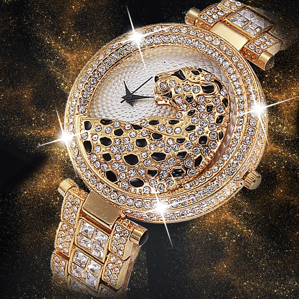 MISSFOX V227  Women Quartz Watch Fashion Bling Casual Ladies Watch Female Quartz Gold Watch Crystal Diamond Leopard For Women Clock - Korvel
