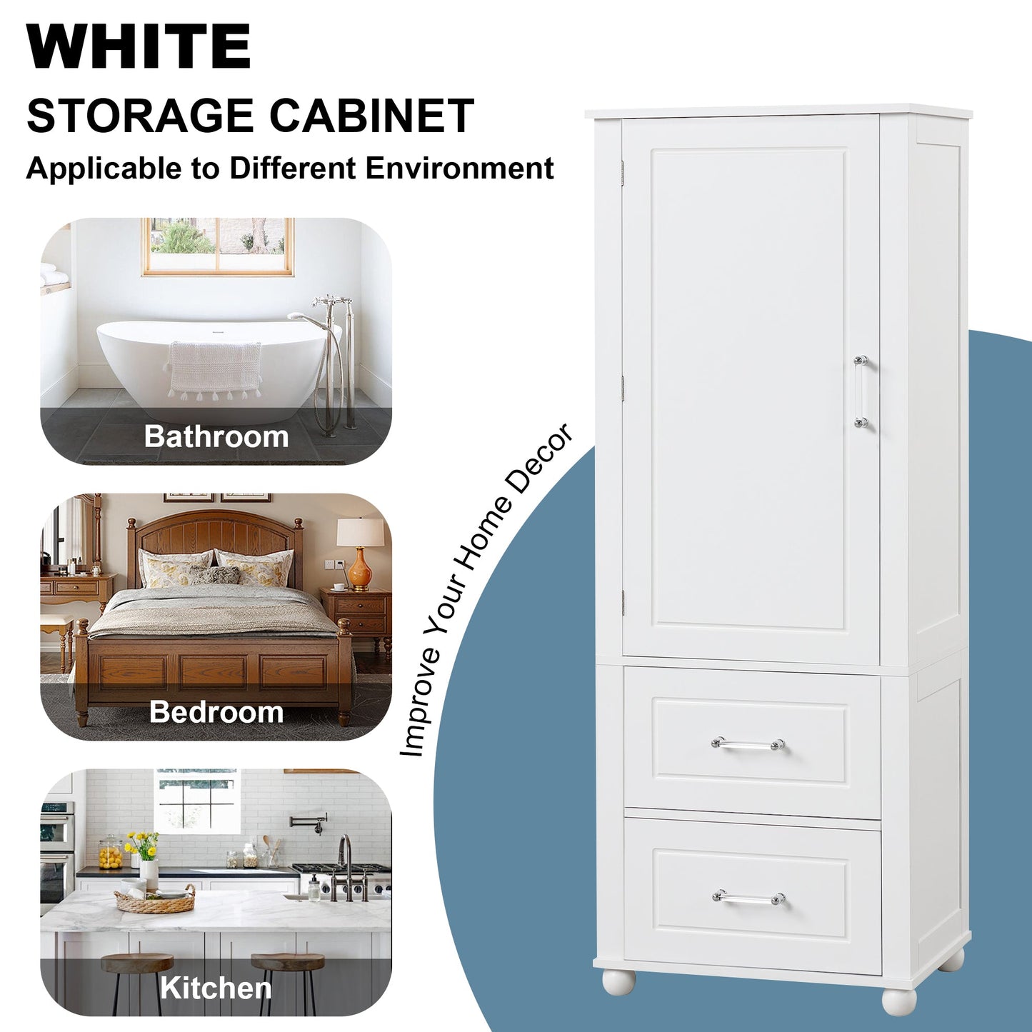 Tall bathroom storage cabinet with two drawers and adjustable shelves for independent storage - Korvel