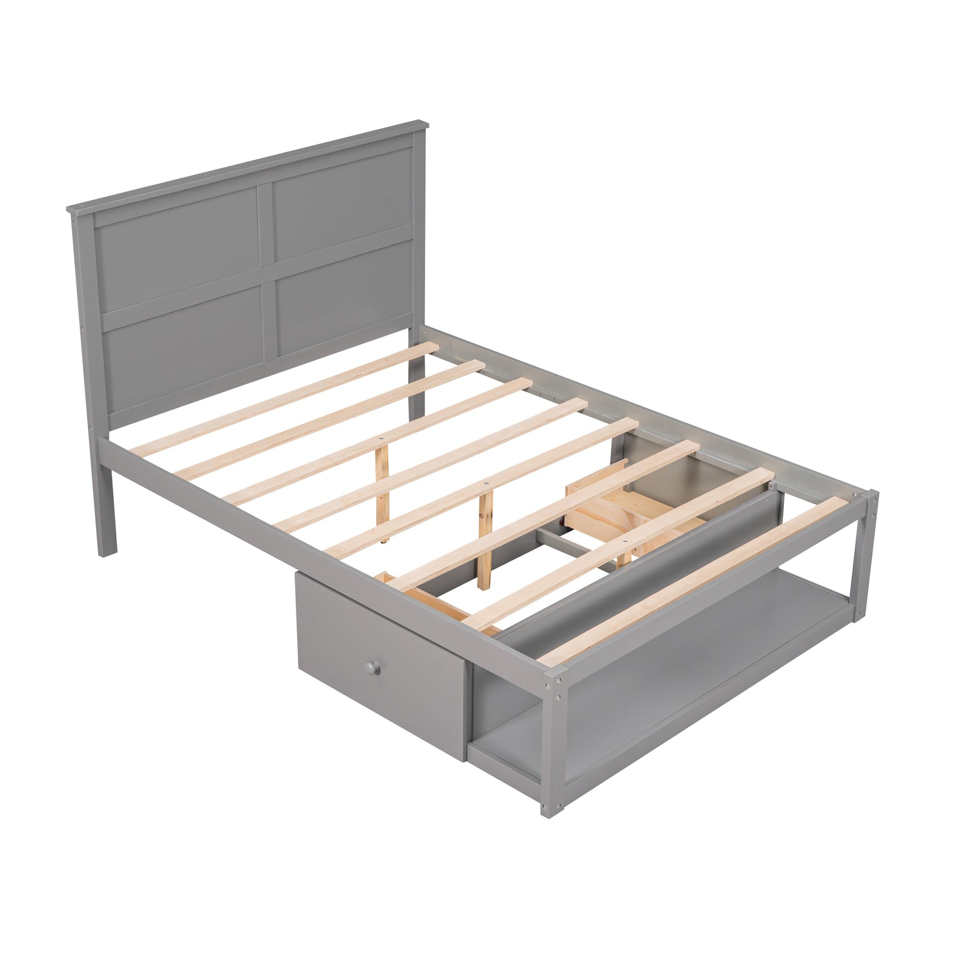 Full Size Platform Bed with Drawer on the Each Side and Shelf on the End of the Bed Gray - Korvel