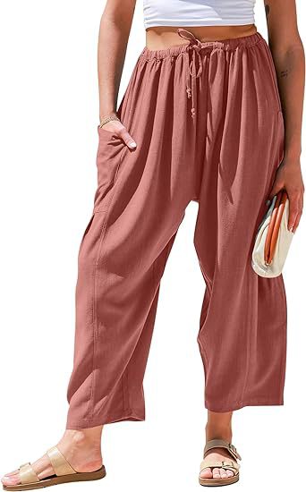 Pantalons larges en coton et lin taille haute pour femmes