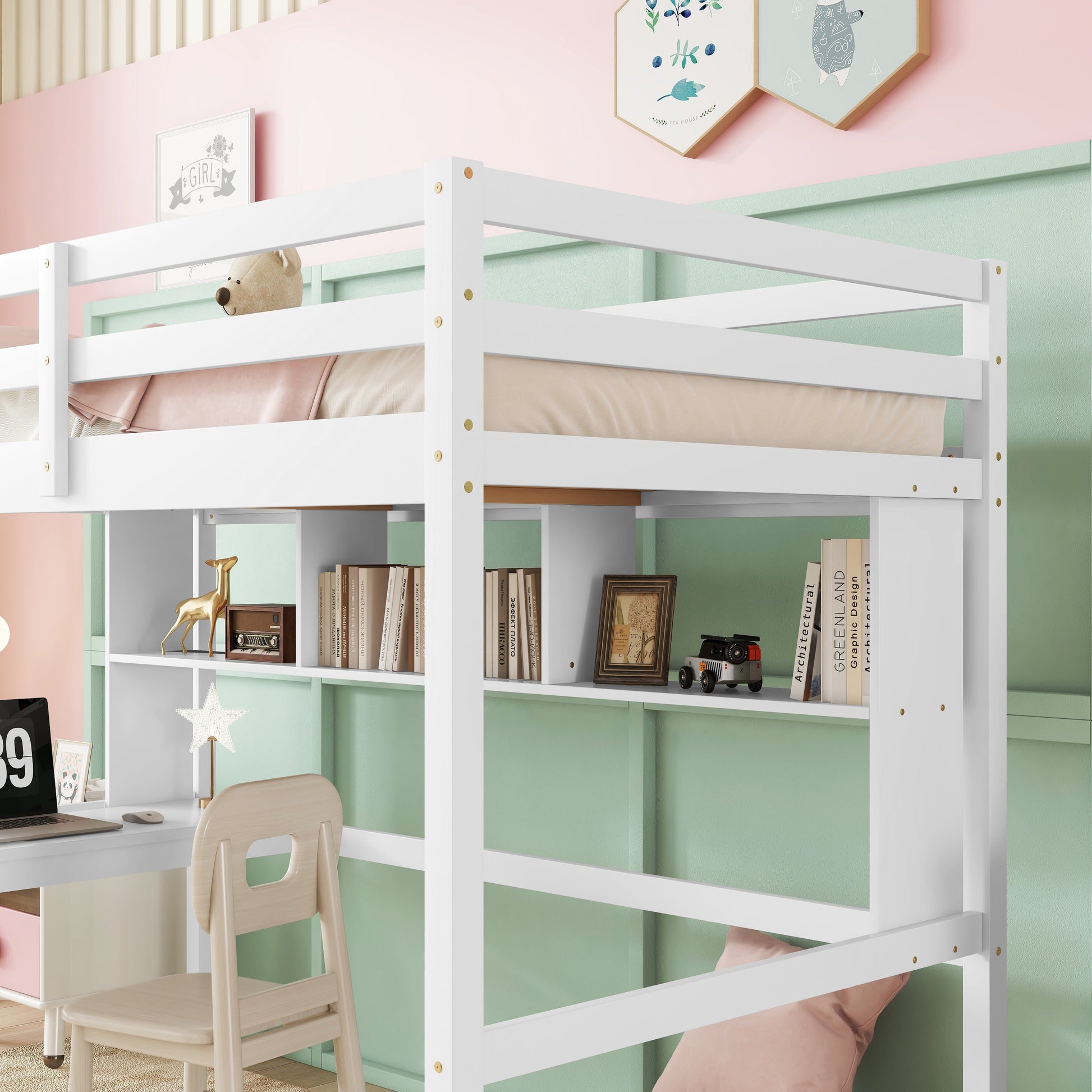 Twin Loft Bed with built-in desk and bookcase of three compartments, Guardrails and Ladder,White - Korvel