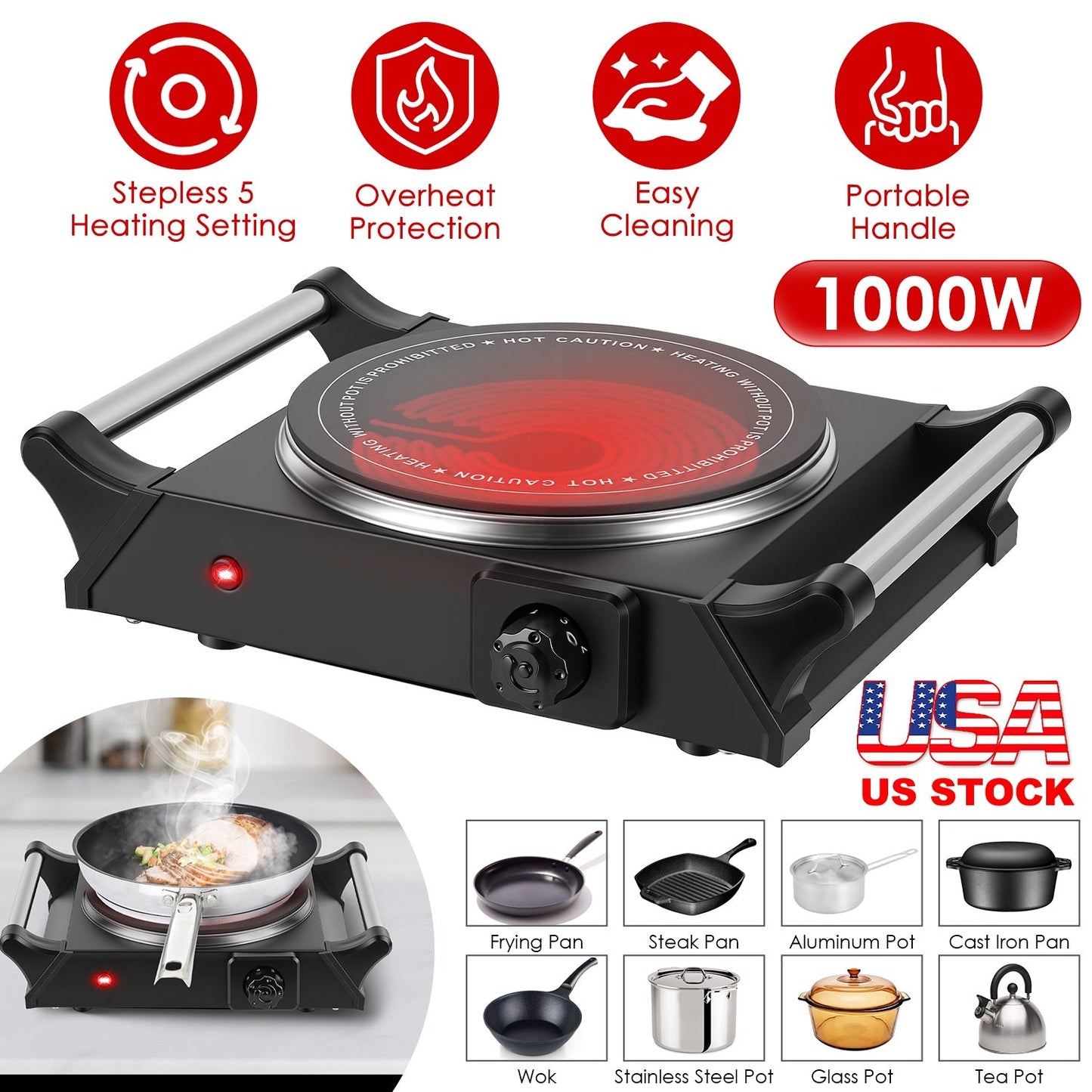 1000W Electric Single Burner Portable Hot Plate with Adjustable Temperature