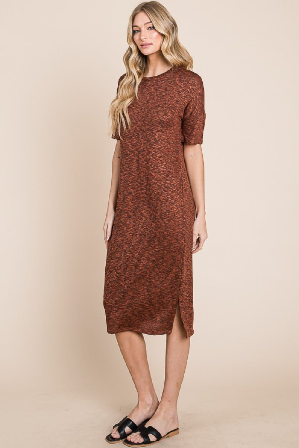 Chic Round Neck Side Slit Midi Dress for Women