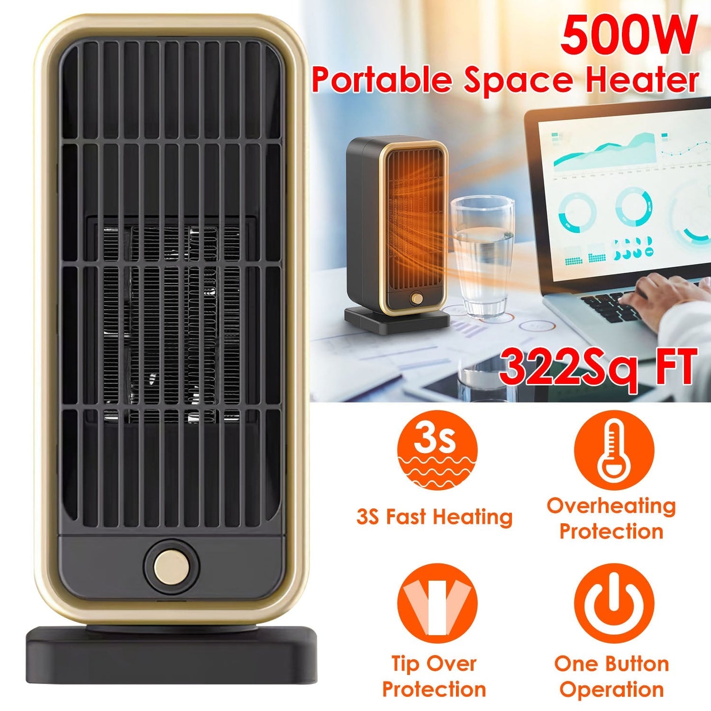 Gbruno 500W Portable Electric Space Heater with Safety Features