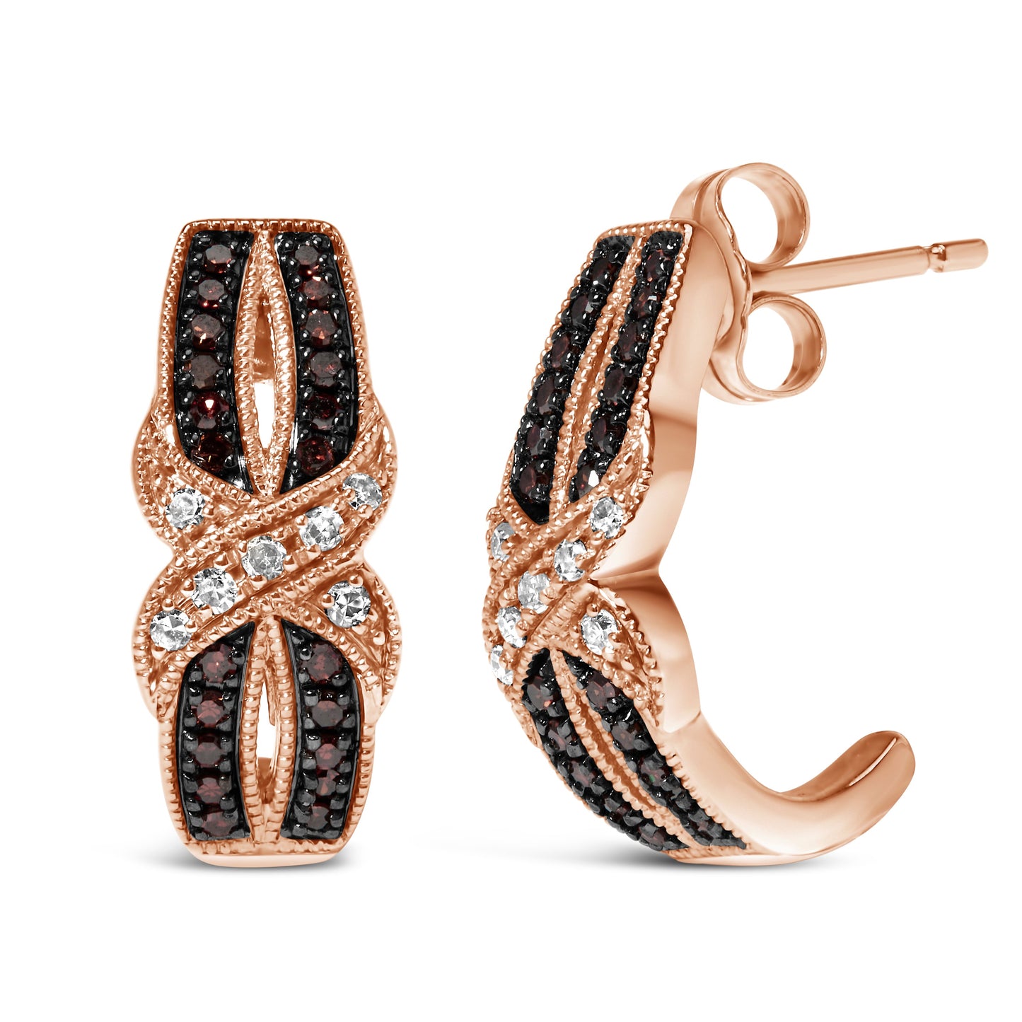 Boucles d'oreilles J-Hoop en or rose 10K avec diamants en croix