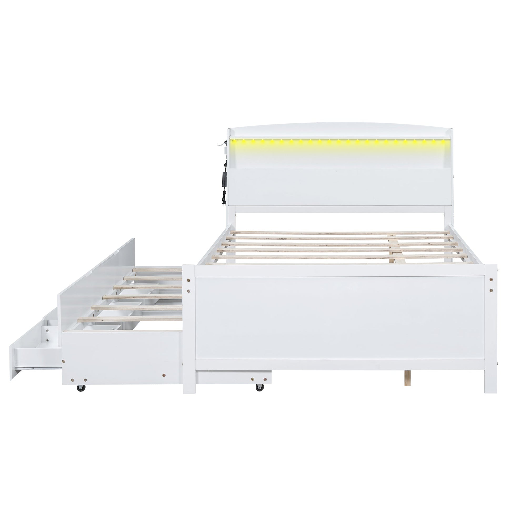 Full Size Platform Bed with Storage LED Headboard  Twin Size Trundle and 3 Drawers White - Korvel