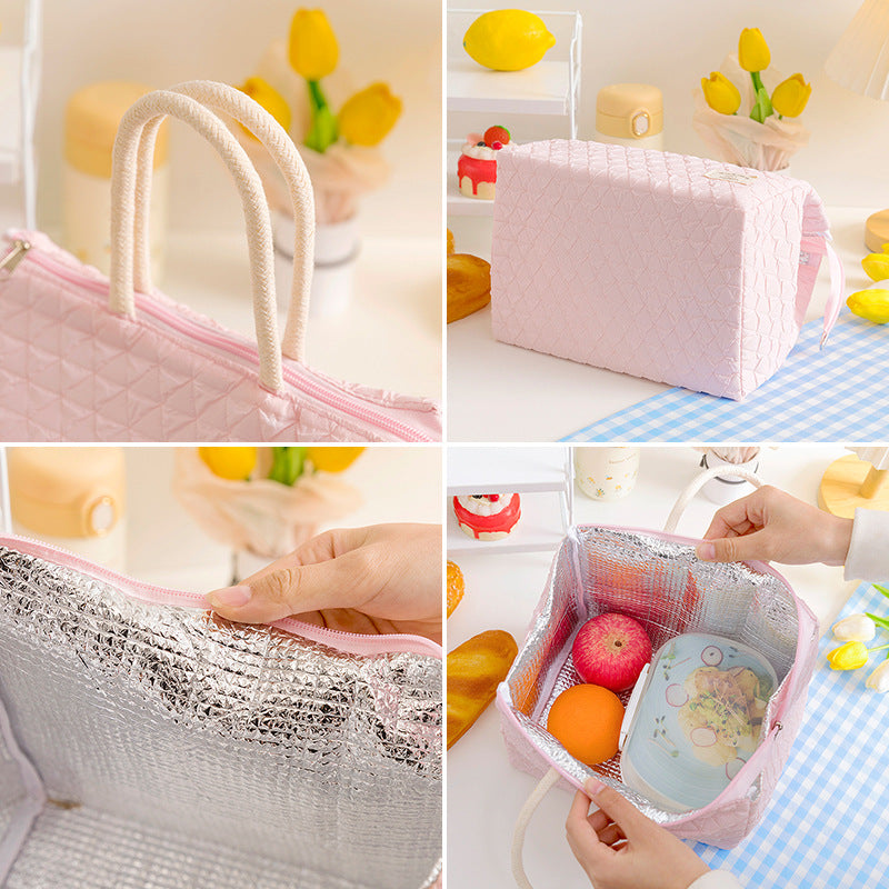 ins style small fresh outdoor large capacity picnic insulation and cold storage bag fashionable diamond pattern zipper lunch box bag student lunch bag - Korvel