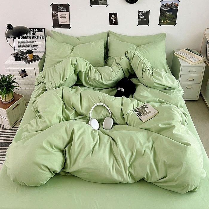Washed Cotton Solid Color Double Spliced Four-Piece Bedding Set - Sheet, Quilt Cover, Pillowcases for Employee and Dormitory Use - Korvel