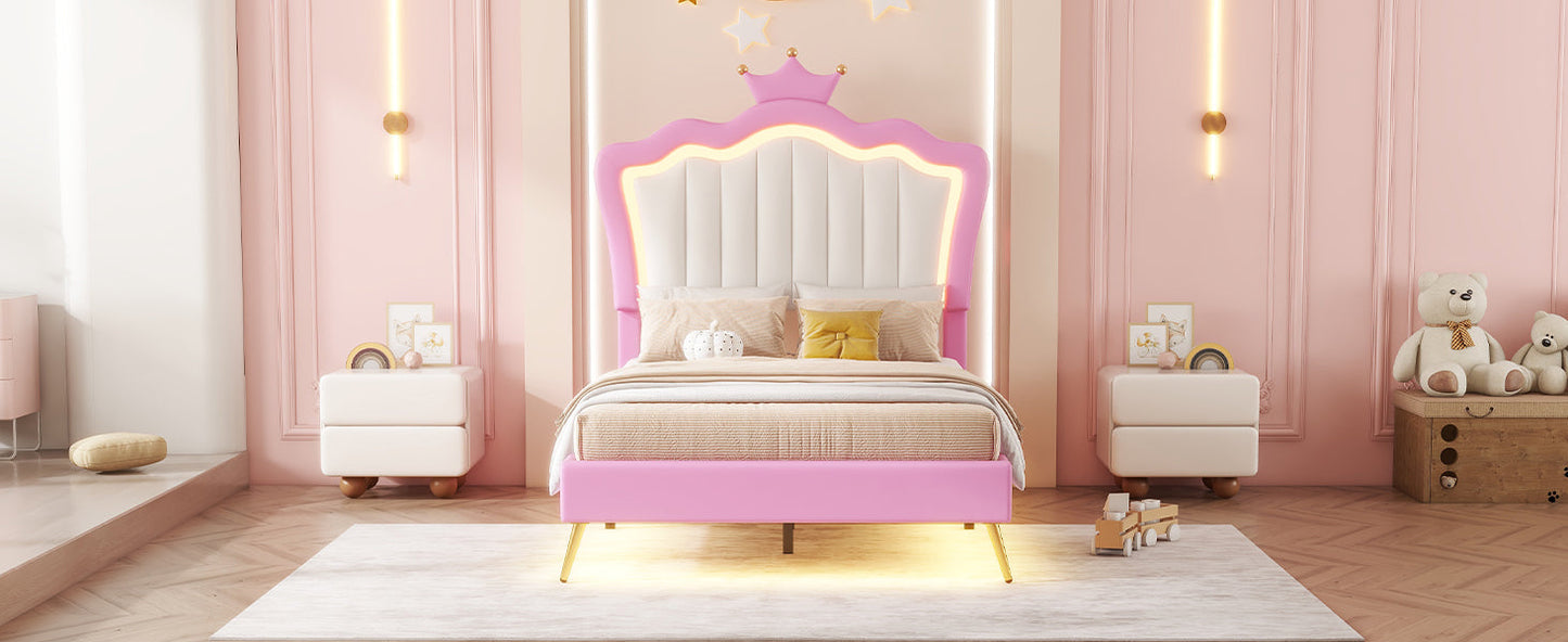 Twin Size Upholstered Bed Frame with LED Lights - Pink & White