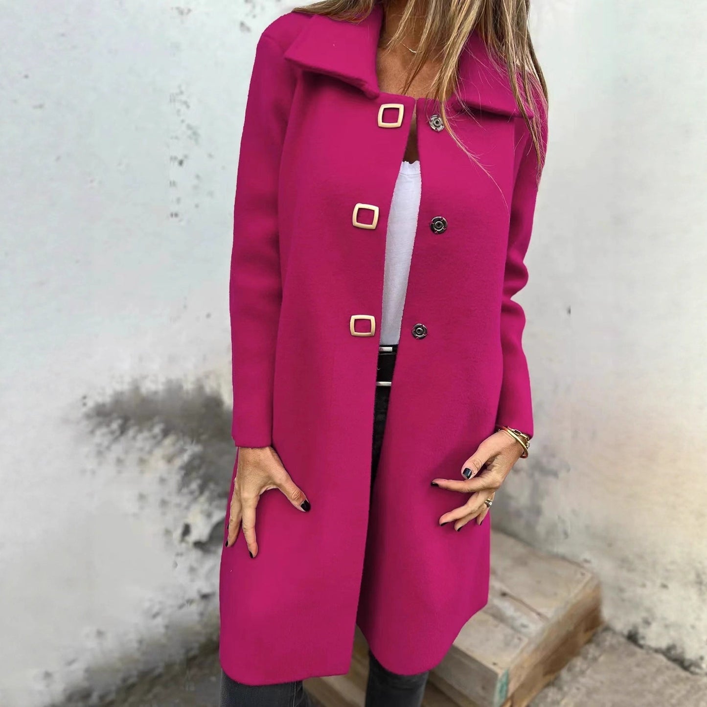 Abrigo de lana elegante para mujer de longitud media con diseño de botonadura simple