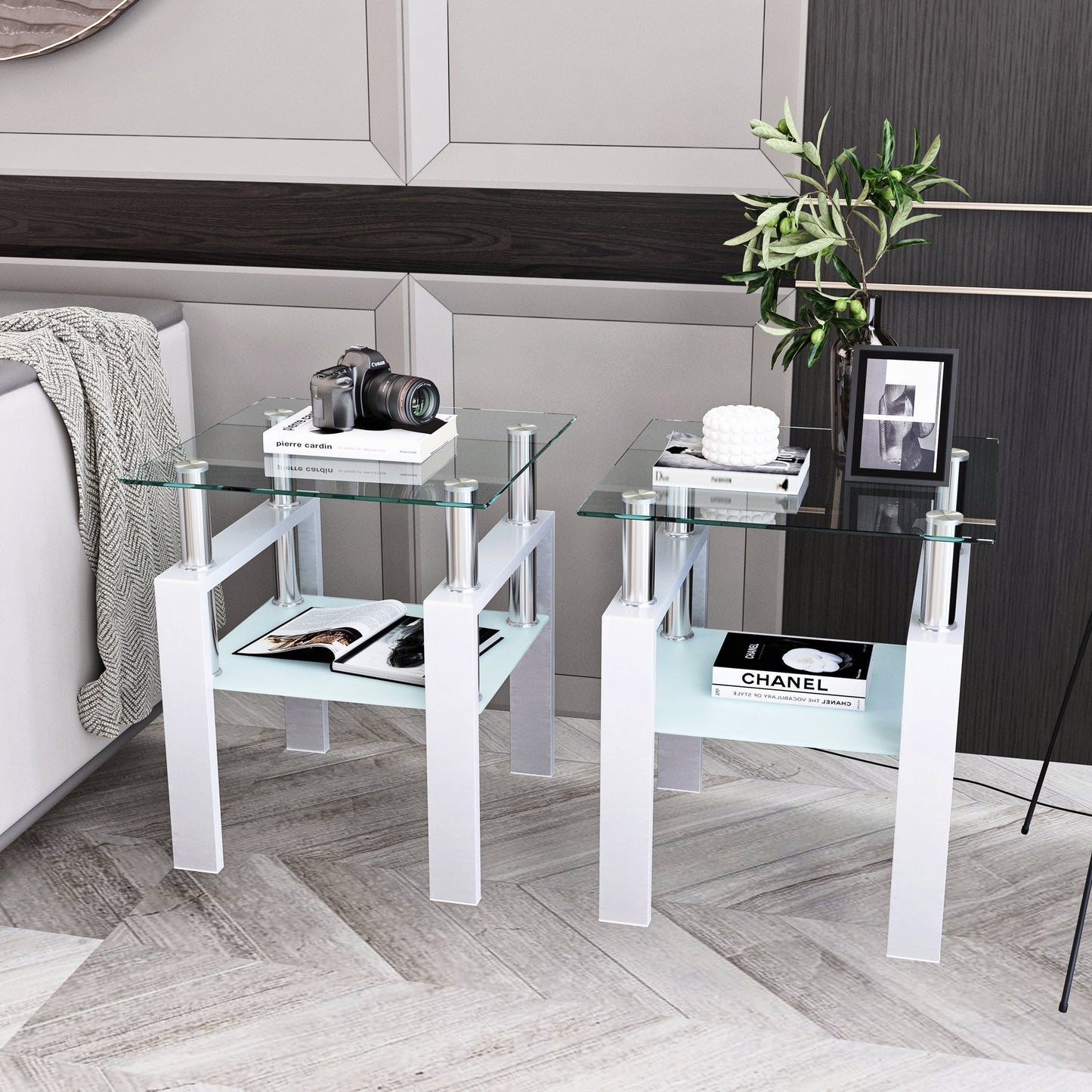 Set of 2 Modern Tempered Glass Coffee Tables