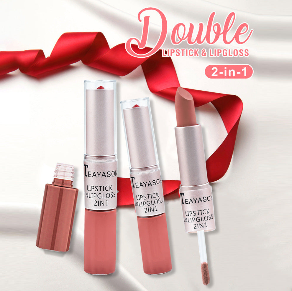 Double-Headed Non-Stick Cup Matte Matte Lip Gloss Two-In-One Matte Bean Paste Does Not Fade With Cup Lipstick Female - Korvel