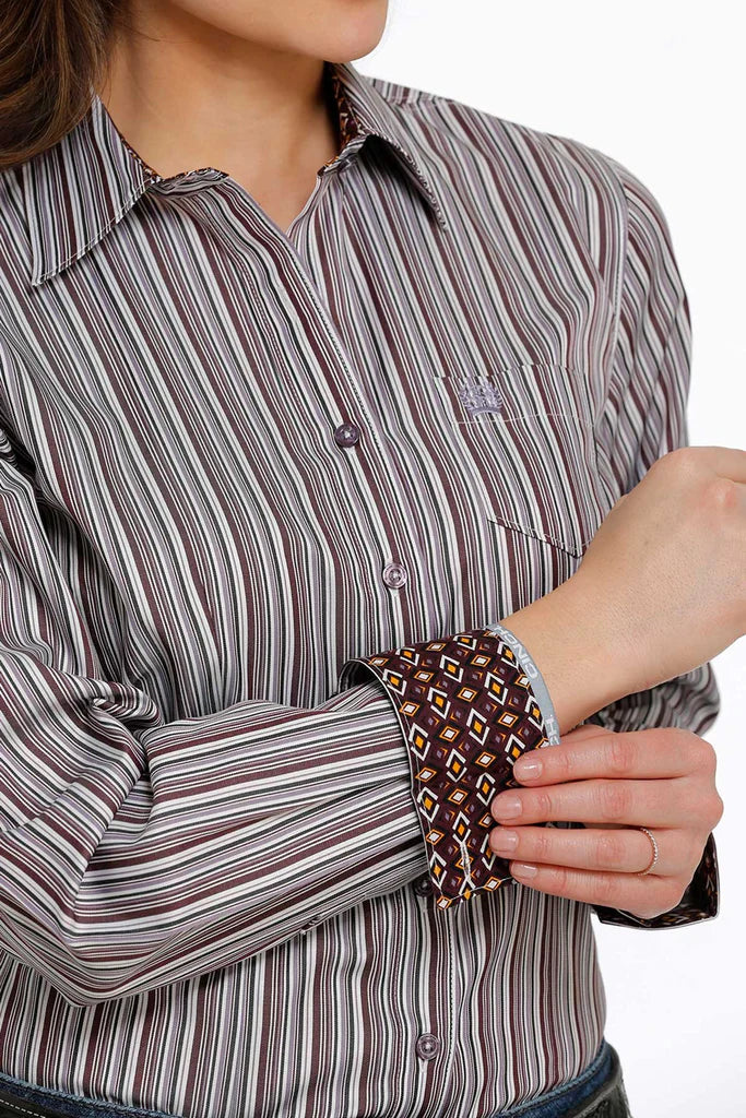 Chic Burgundy Striped Button-Up Shirt for Women - Korvel