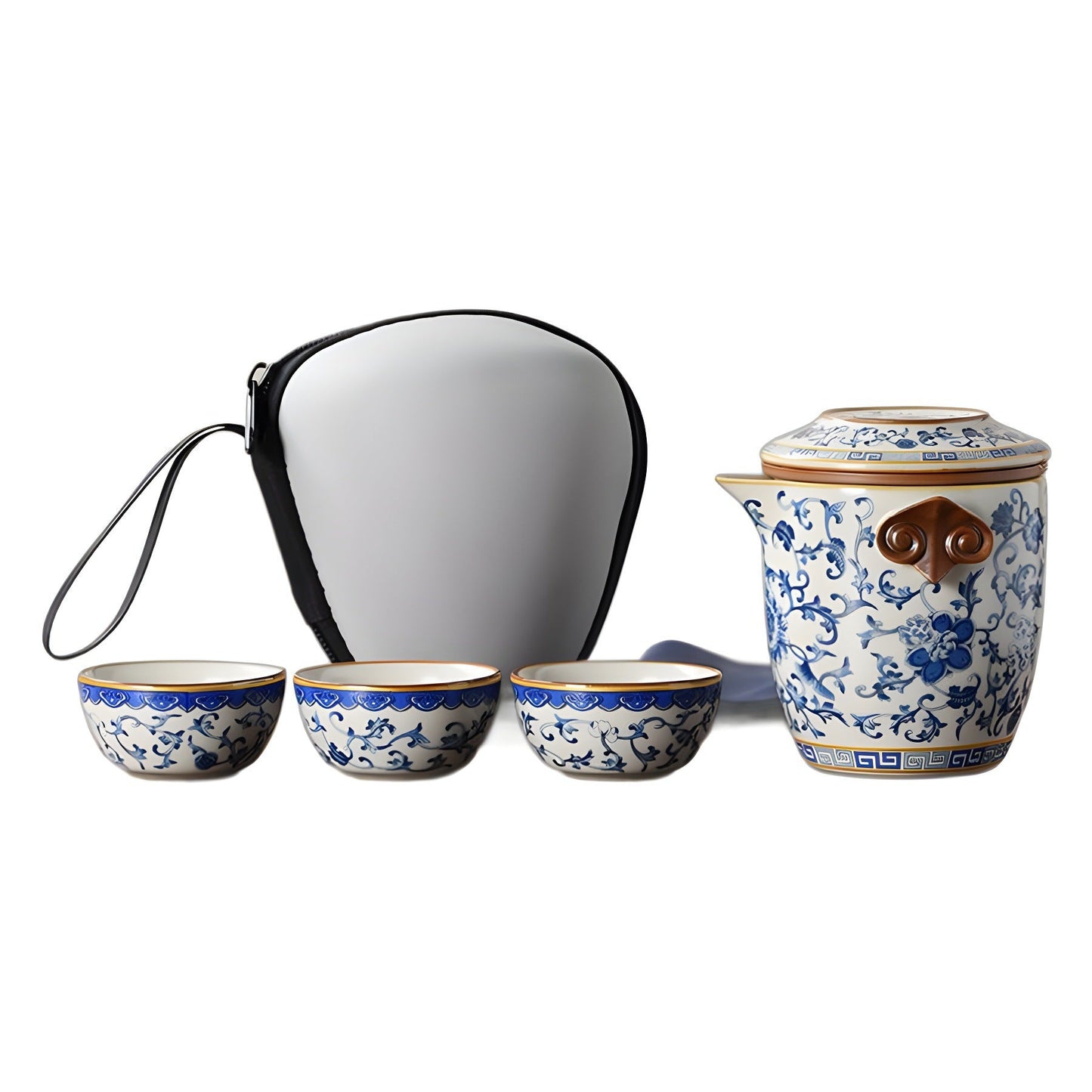 Elegante juego de té de viaje Ru kiln en azul y blanco