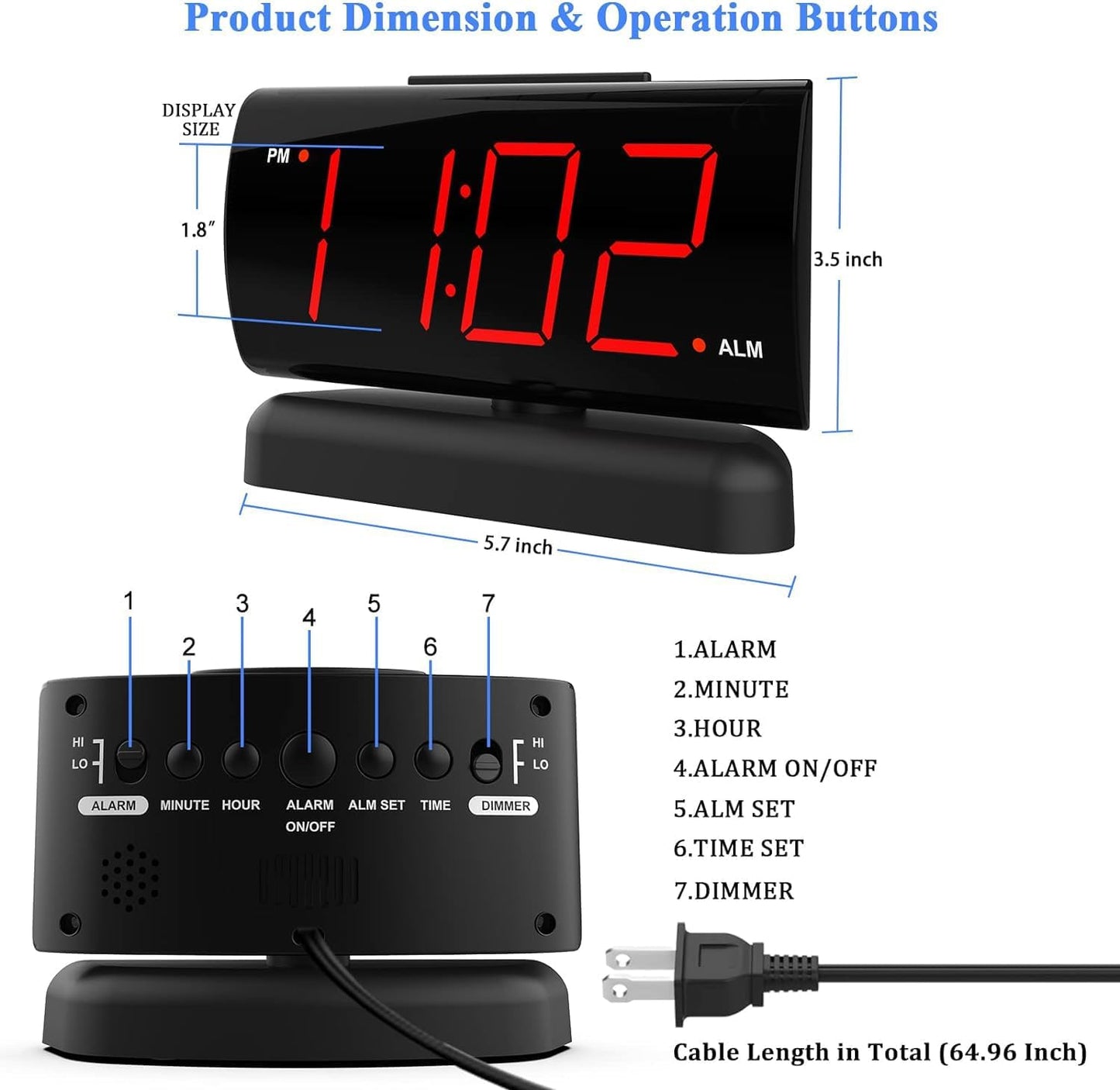 GING YHAU alarm clock large digital rotating base 2-level brightness digital clock bedroom bedside alarm clock - Korvel