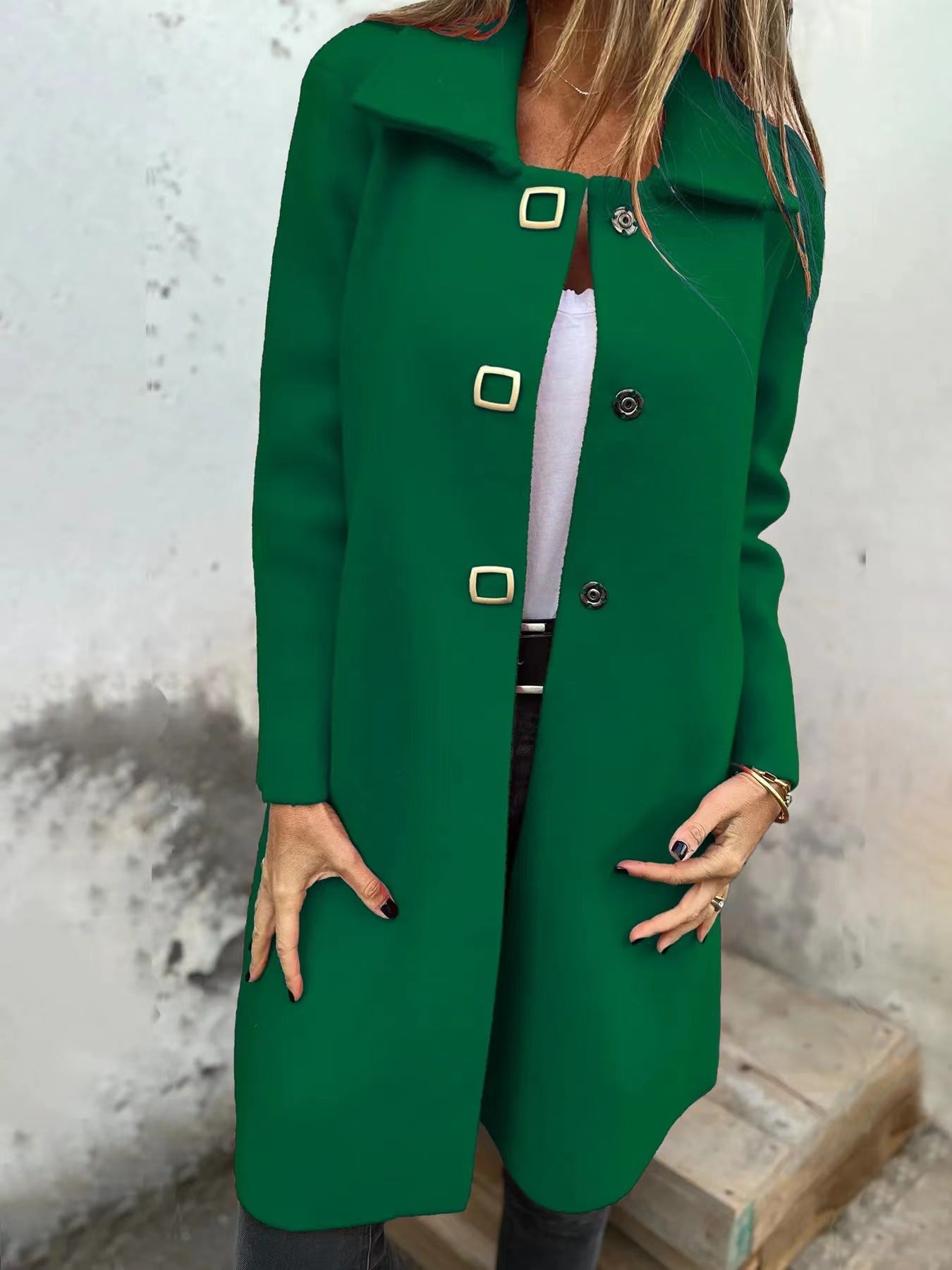 Abrigo de lana elegante para mujer de longitud media con diseño de botonadura simple