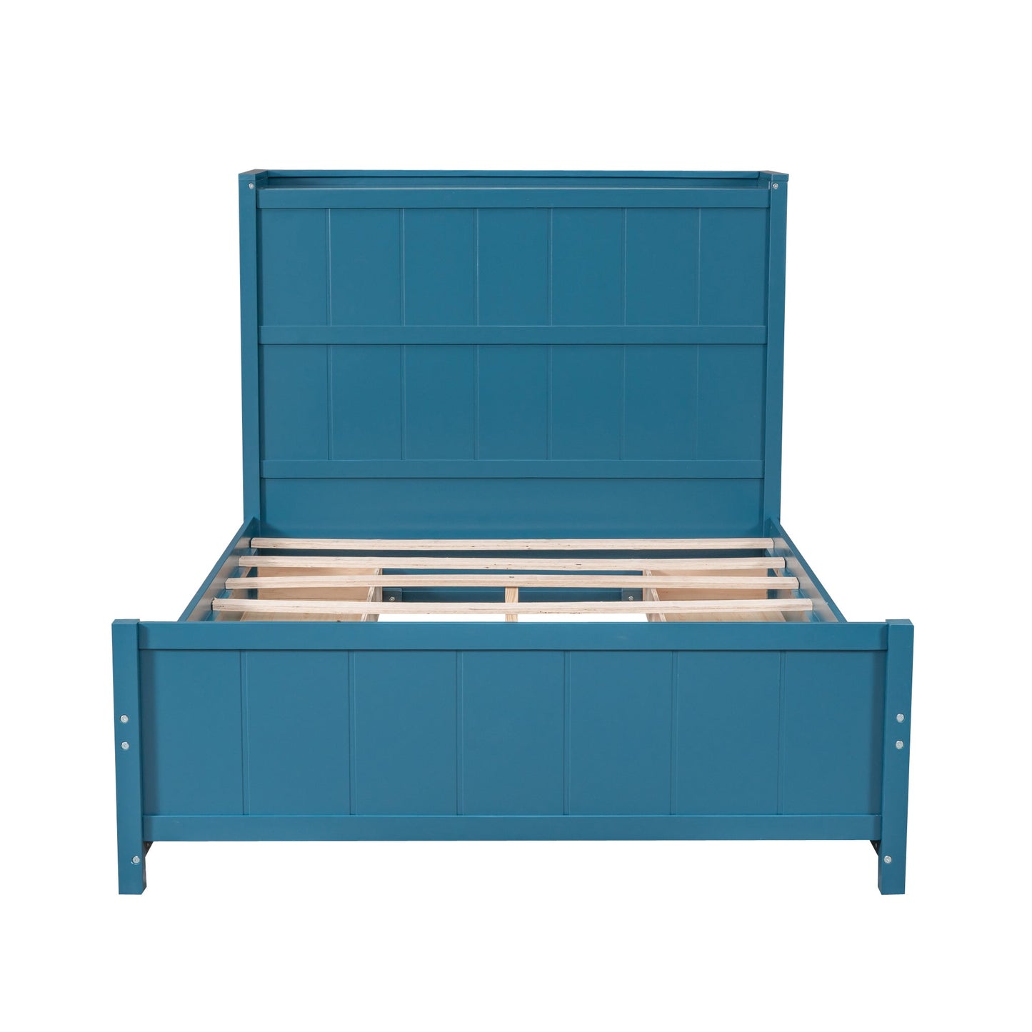 Lit plateforme bleu de taille complète avec tiroirs et étagères de rangement