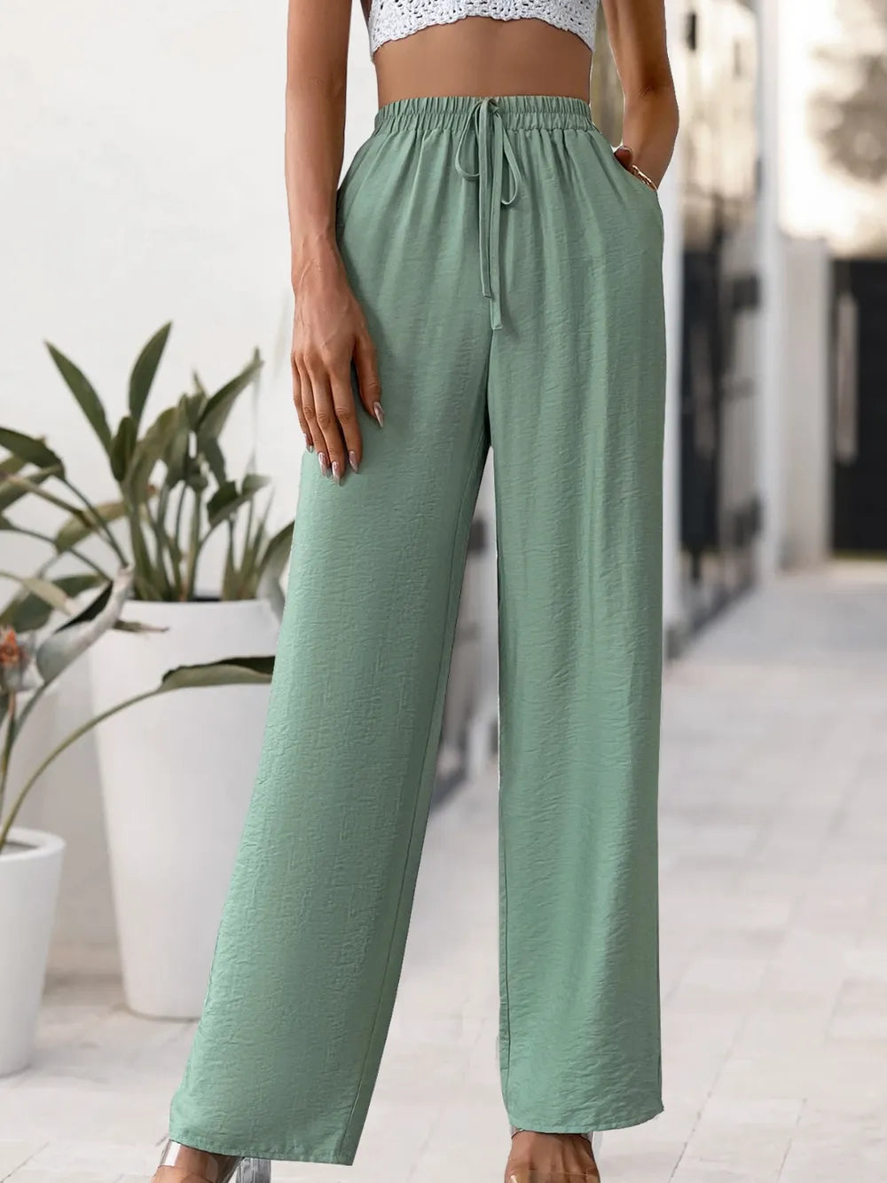 Tied High Waist Wide Leg Pants in Sage
