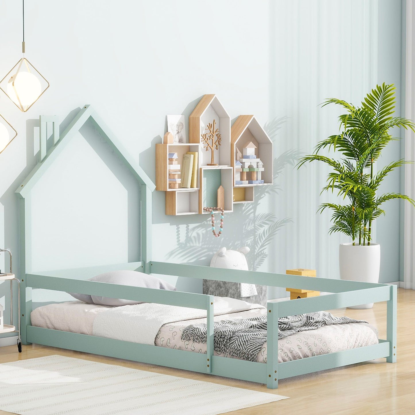 Twin Size Wood Bed with House-Shaped Headboard in Light Green