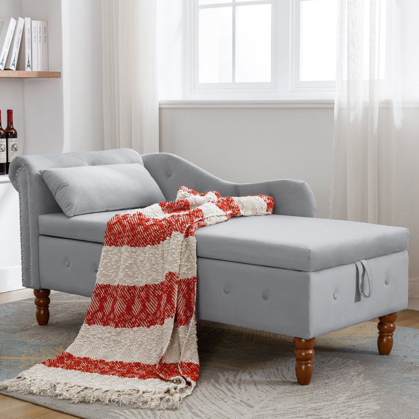 Chaise longue en velours gris avec rangement et coussin