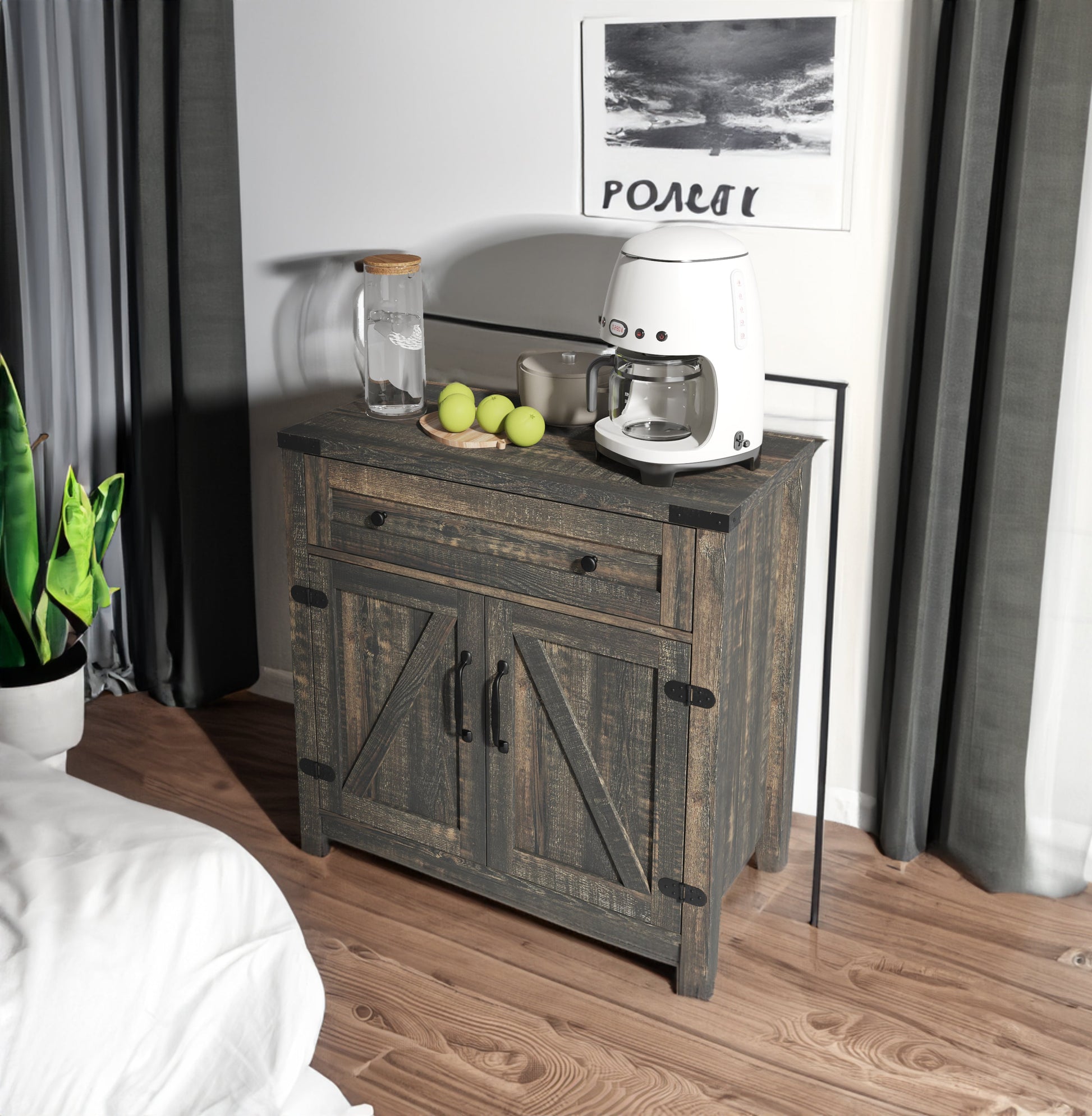 Modern Farmhouse Double Barn Door Accent Cabinet, 30 Inch,BLACK PINE - Korvel