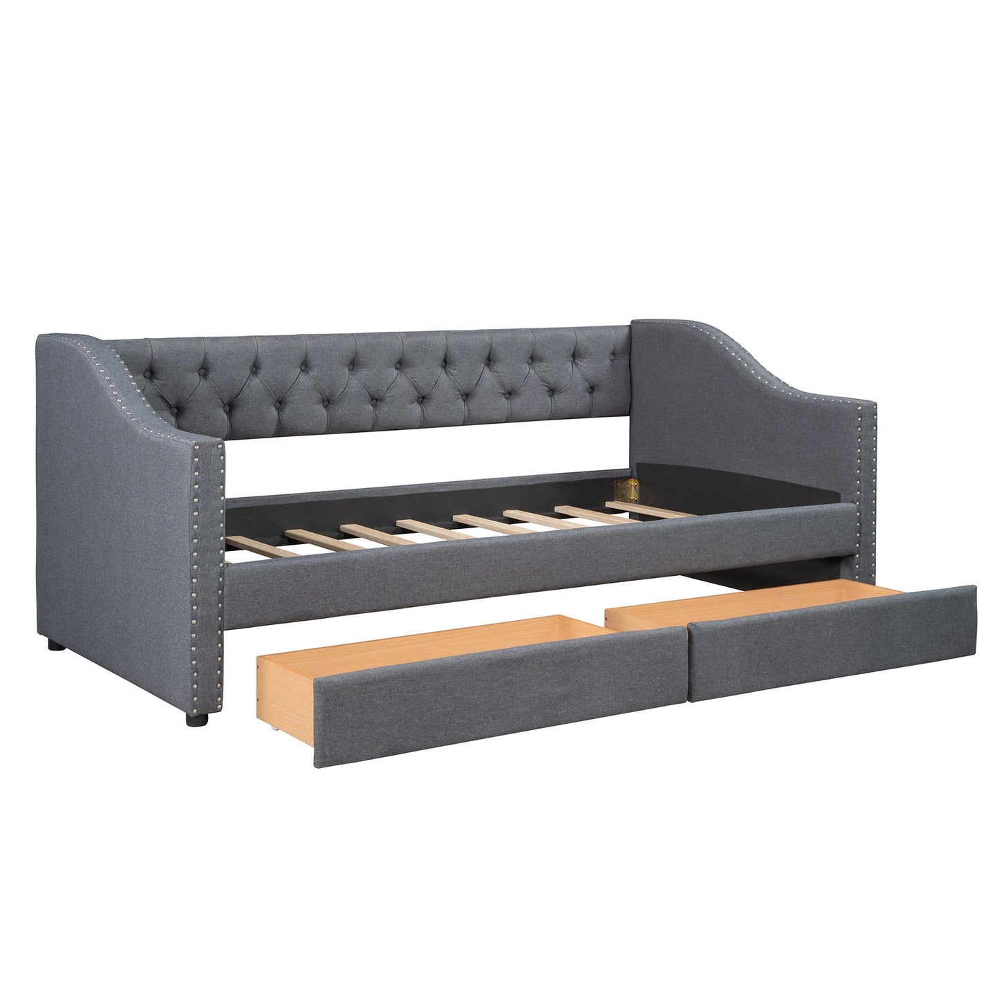 Cama nido tapizada de tamaño individual con dos cajones - Gris