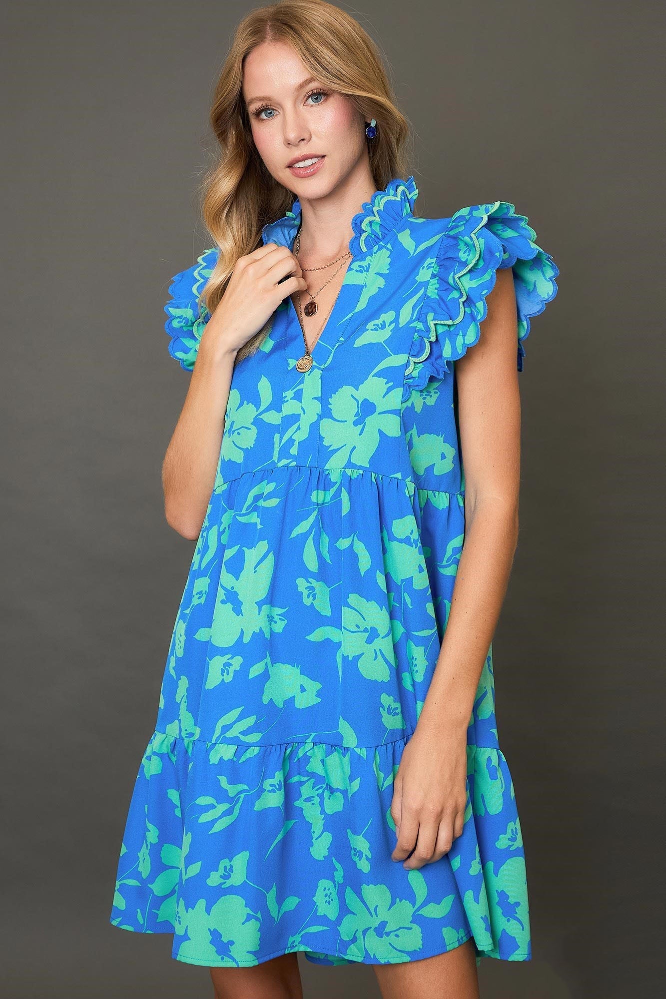 Robe Mini Imprimée Florale Bicolore Élégante Bleue