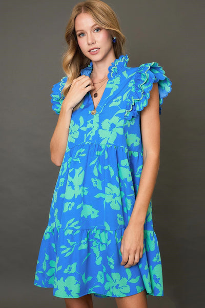 Robe Mini Imprimée Florale Bicolore Élégante Bleue