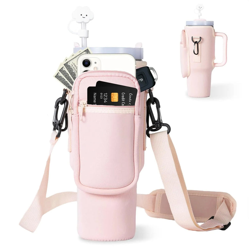 Water Bottle Carrier Bag with Phone Pocket for Stanley 40oz Tumbler with Handle Neoprene Water Bottle Holder Pouch - Korvel