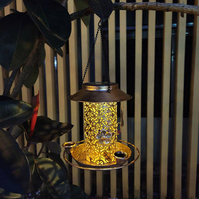 Outdoor solar powered lamp metal hanging bird feeder feeding and watering dual-purpose bird feeder decorative lamp - Korvel