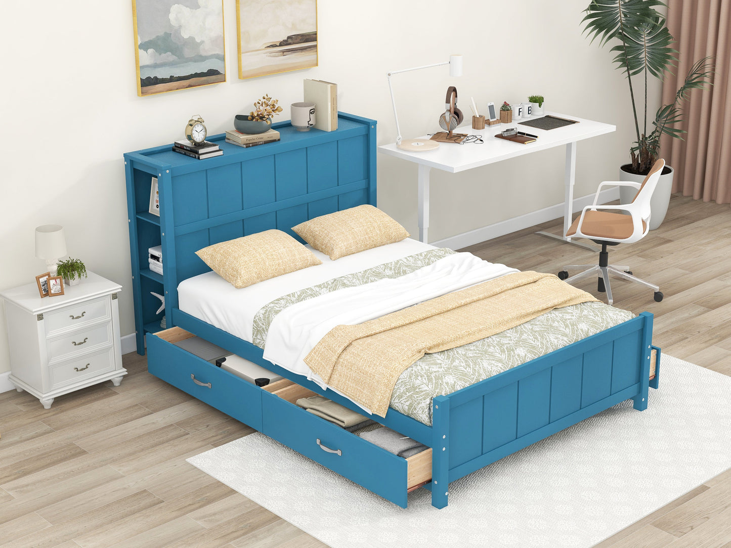 Lit plateforme bleu de taille complète avec tiroirs et étagères de rangement