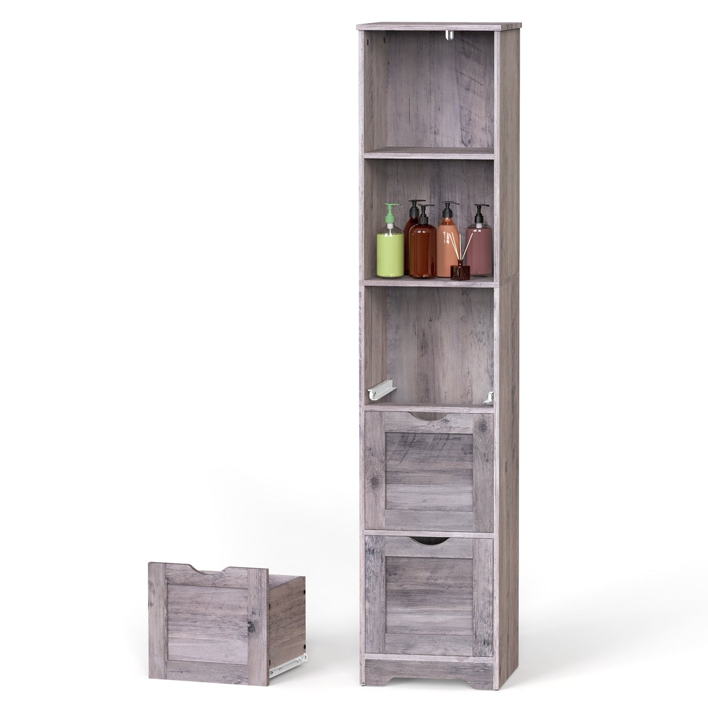 Armoire de salle de bain grise élégante avec 3 tiroirs et 2 étagères