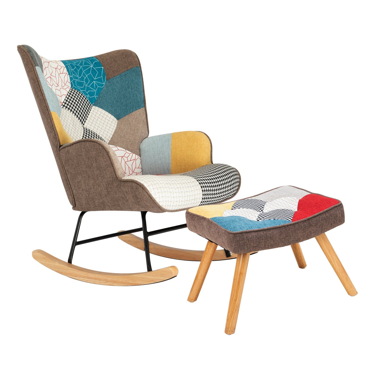 Mid Century Rocking Chair with Ottoman - Patchwork Linen