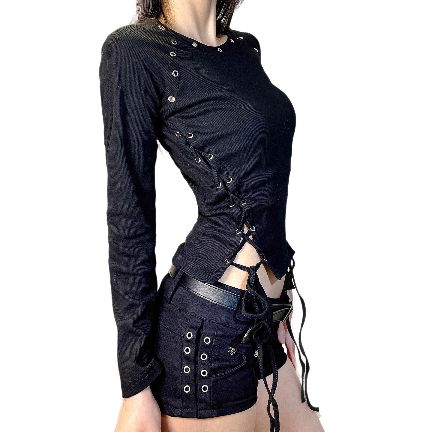 Camiseta de manga larga de estilo oscuro post-apocalíptico con cuello redondo