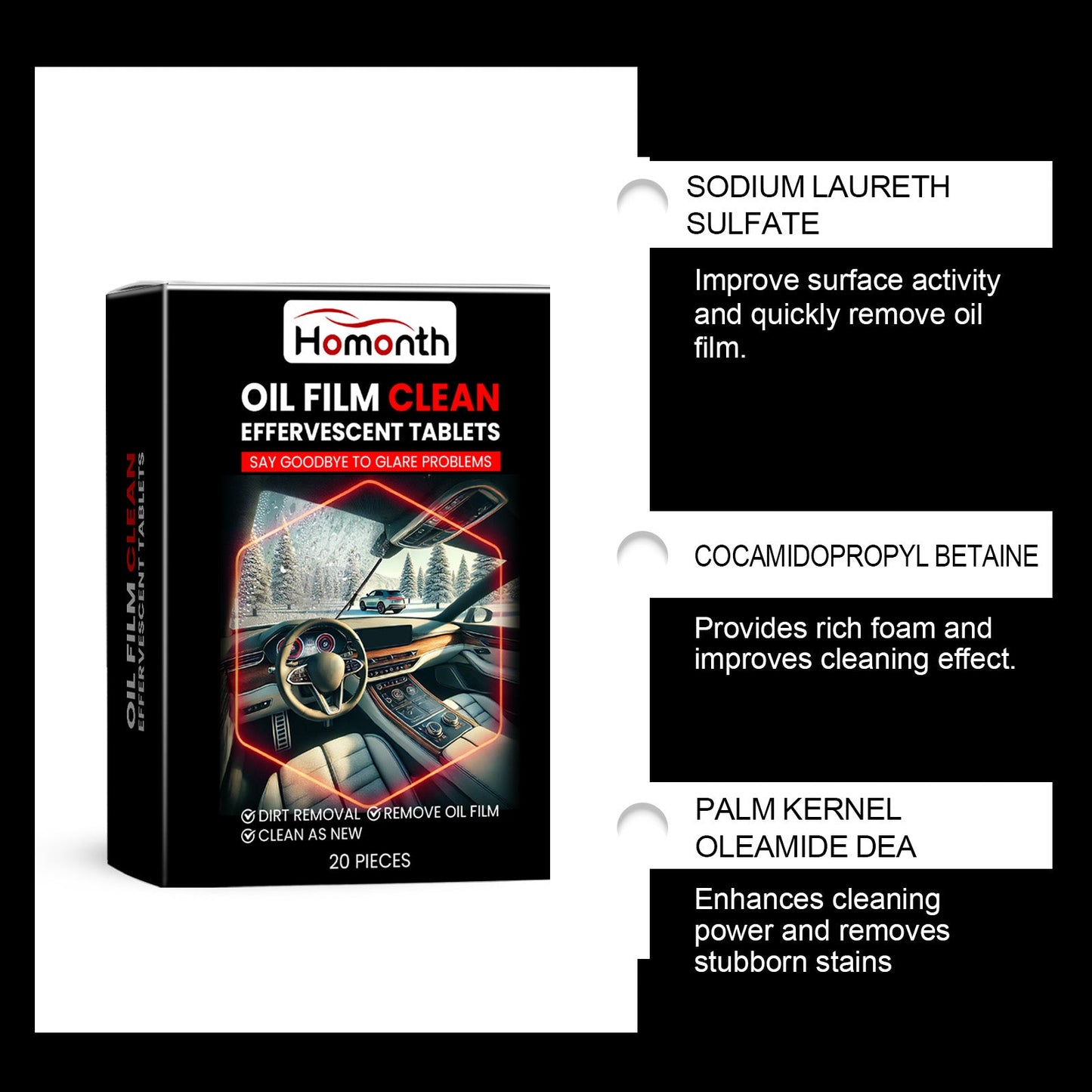 Effervescent Tablets for Windshield Oil Film Cleaning
