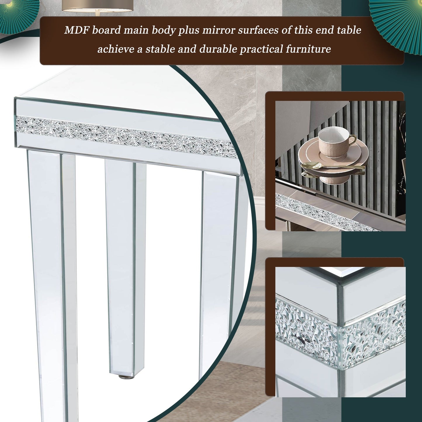 ON-TRANS glass mirror edge table, easy to assemble crystal design and adjustable height leg edge table, silver - Korvel