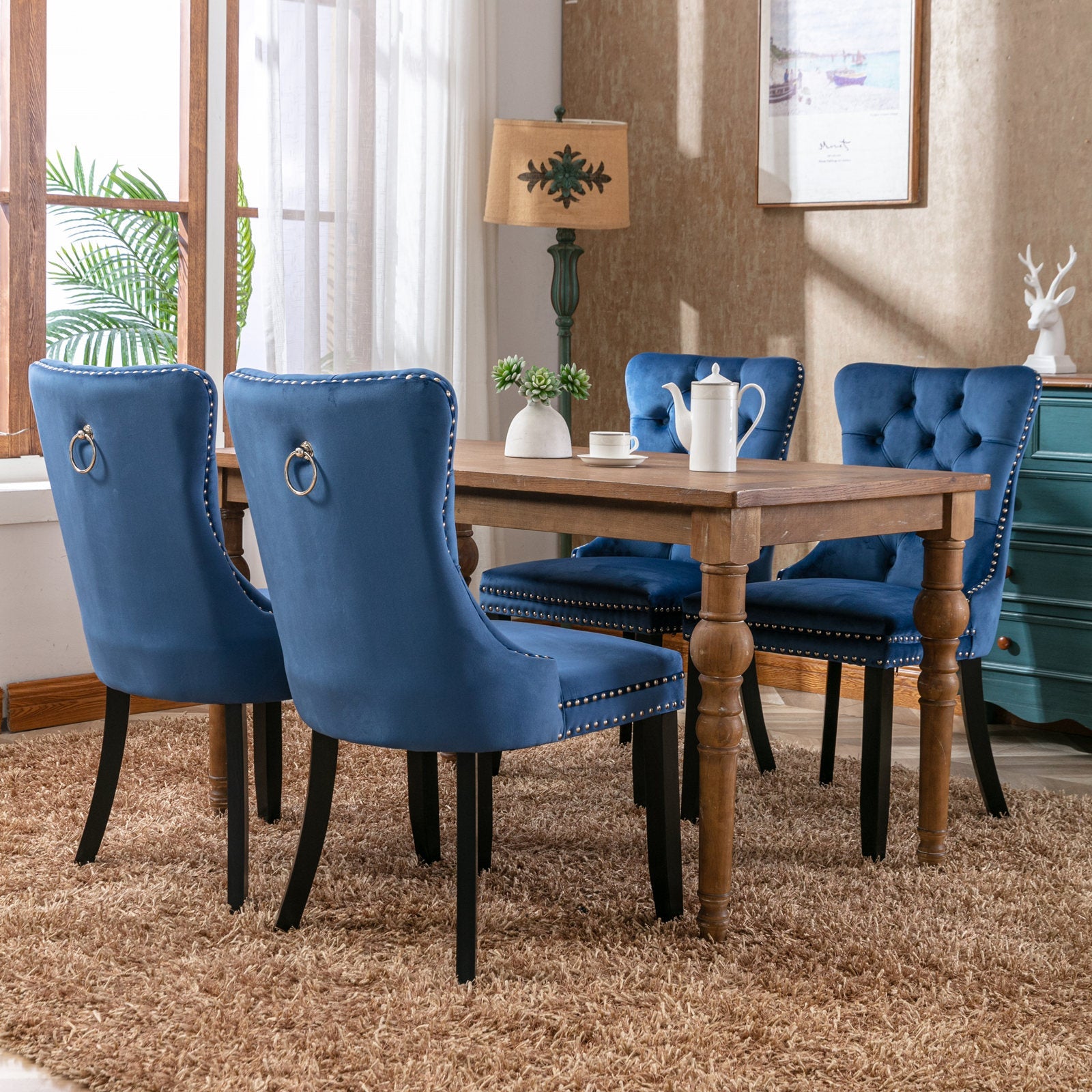High-end Tufted Solid Wood Contemporary Velvet Upholstered Dining Chair with Wood Legs Nailhead Trim 2-Pcs Set Blue - Korvel