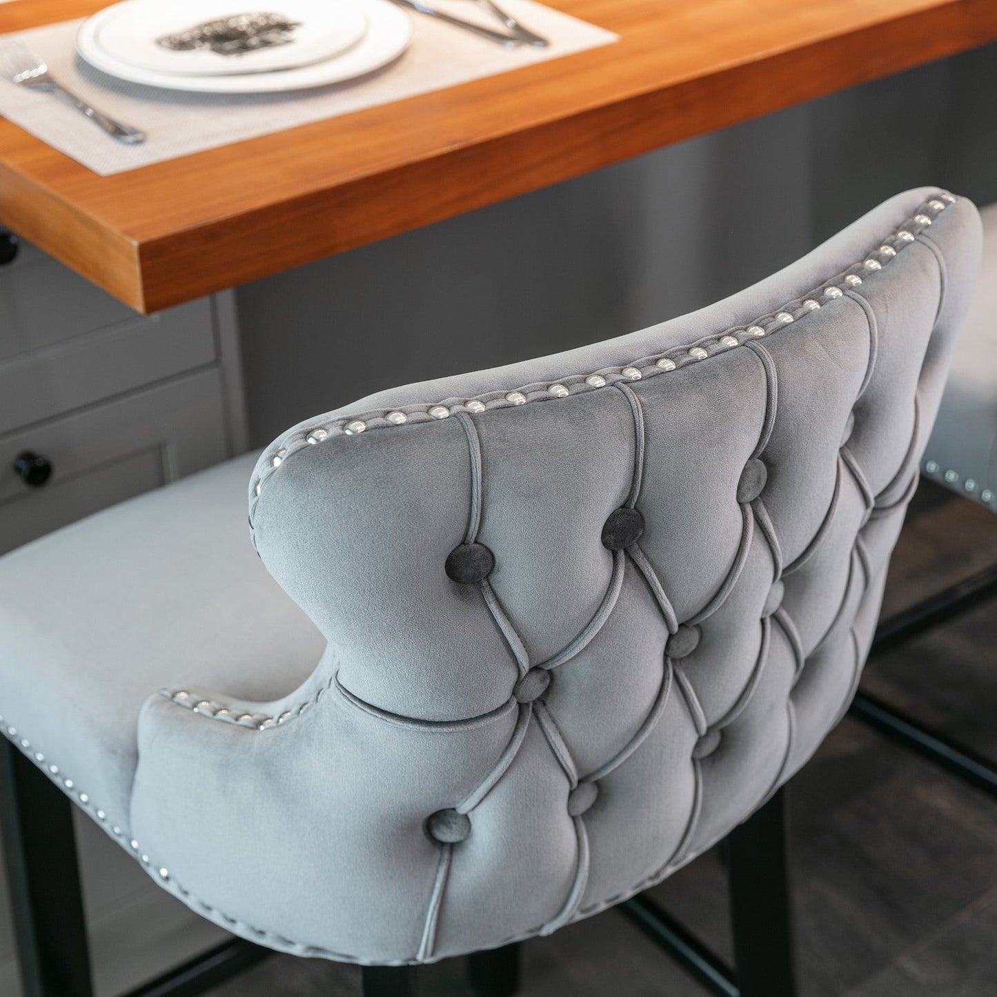 Conjunto de Taburetes de Barrotes de Terciopelo Contemporáneo - Gris
