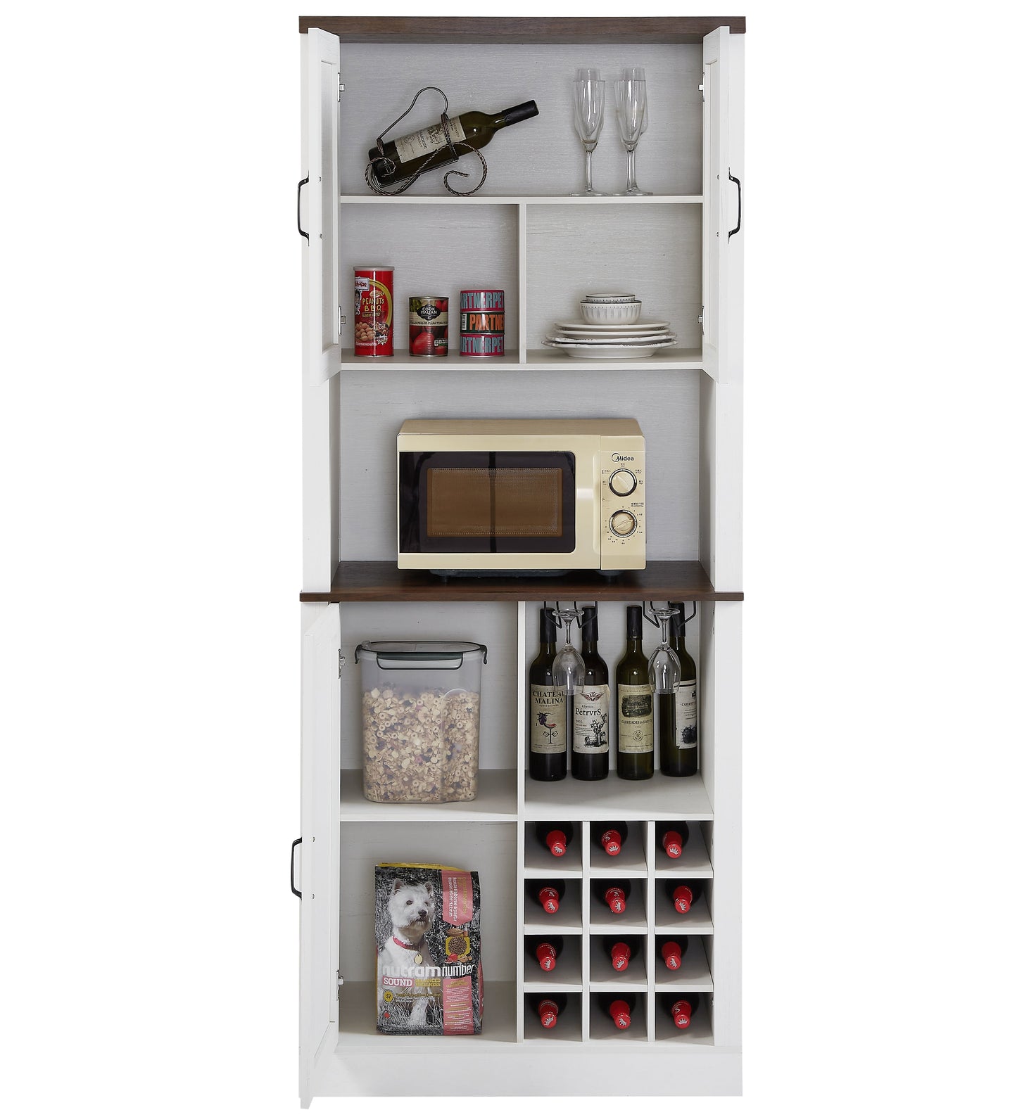 76 Inch Tall Farmhouse Kitchen Faux Rattan Wine Cabinet, Kitchen Bar Cabinet with Square Compartments and Shelves - Korvel