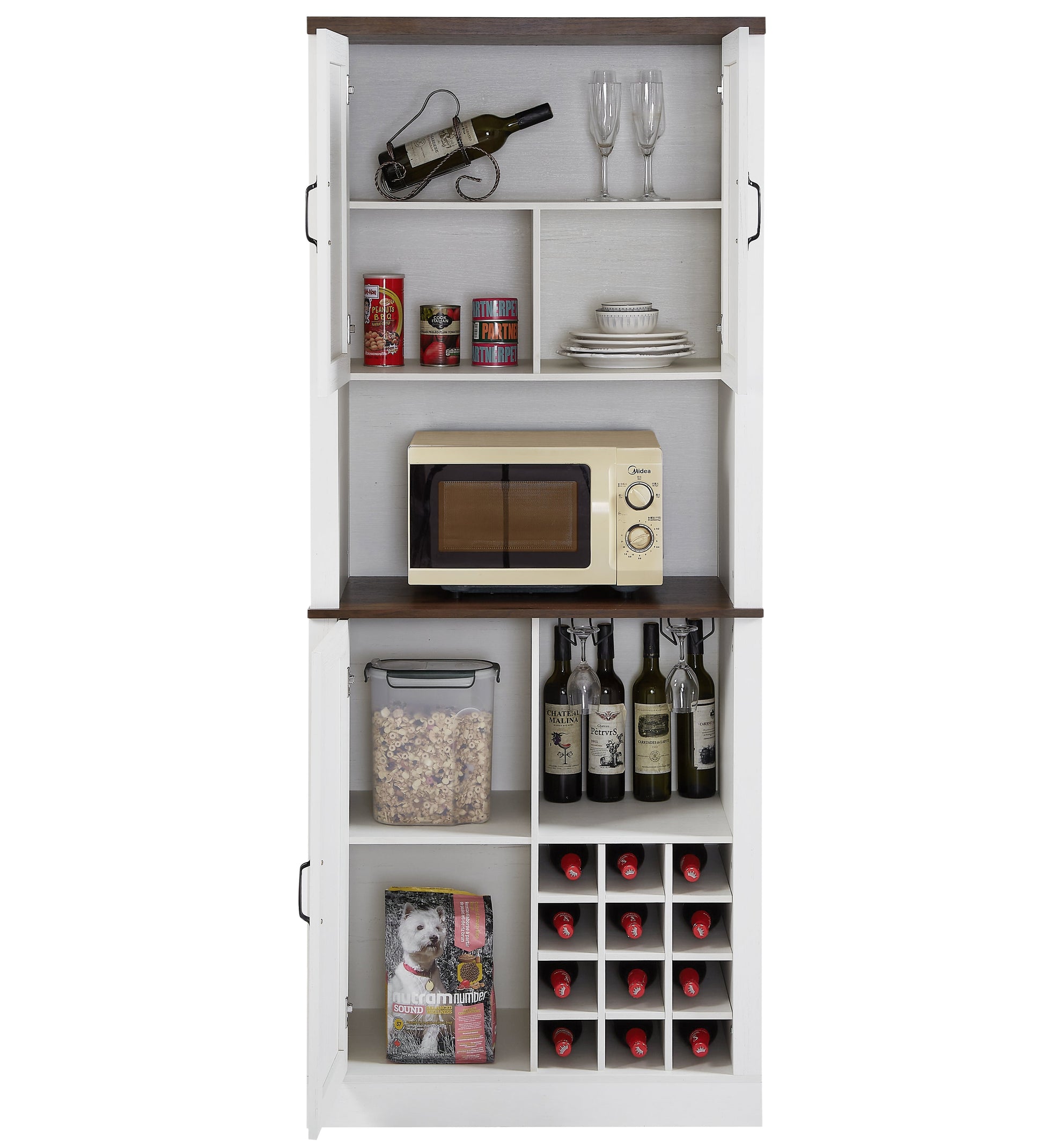76 Inch Tall Farmhouse Kitchen Faux Rattan Wine Cabinet, Kitchen Bar Cabinet with Square Compartments and Shelves - Korvel