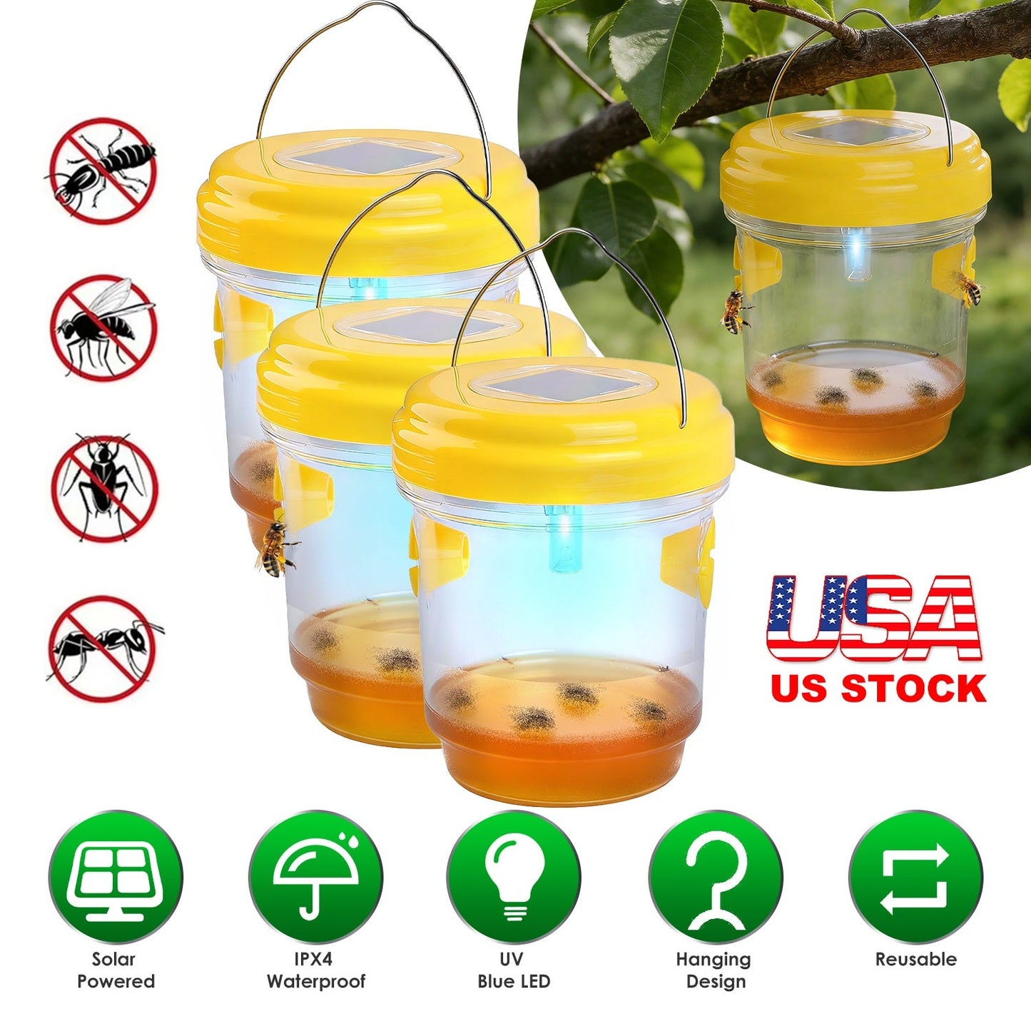 Trampas para Avispas Solares en Paquete de 3 con Luz UV para Control Efectivo de Insectos