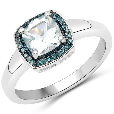 0.83 Carat Aquamarine and Blue Diamond Sterling Silver Ring