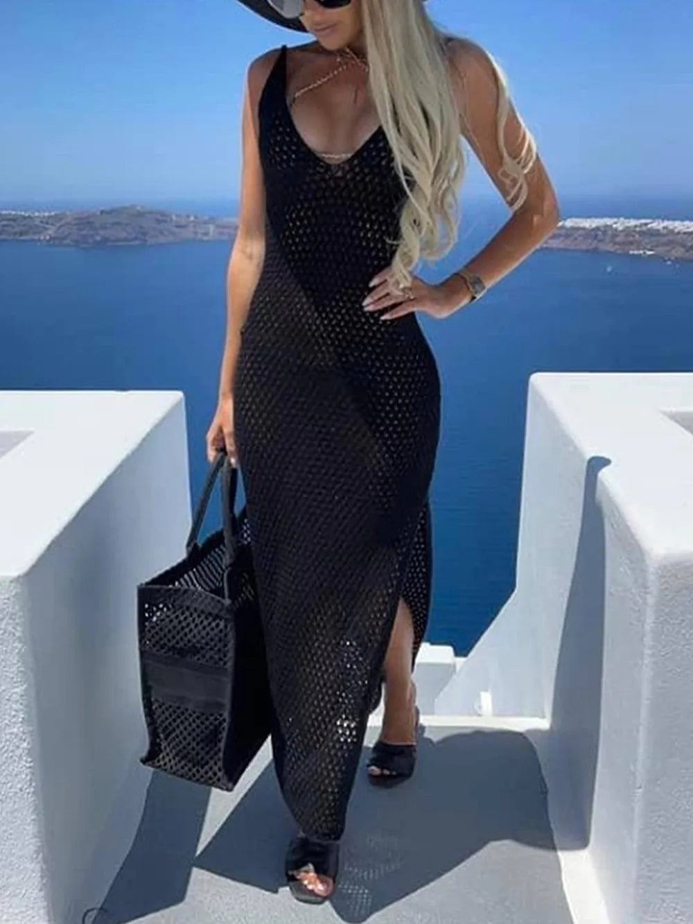 Slit Openwork V-Neck Sleeveless Cover Up - Korvel