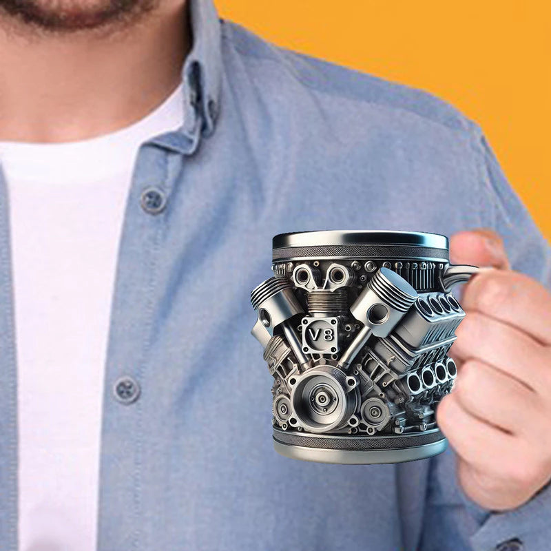 3D Engines - designed Stainless Steel Mug. Ideal for coffee/beer, a fun home & office drinking accessory. - Korvel