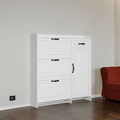 Elegant White Shoe Cabinet with 4 Doors and Drawer