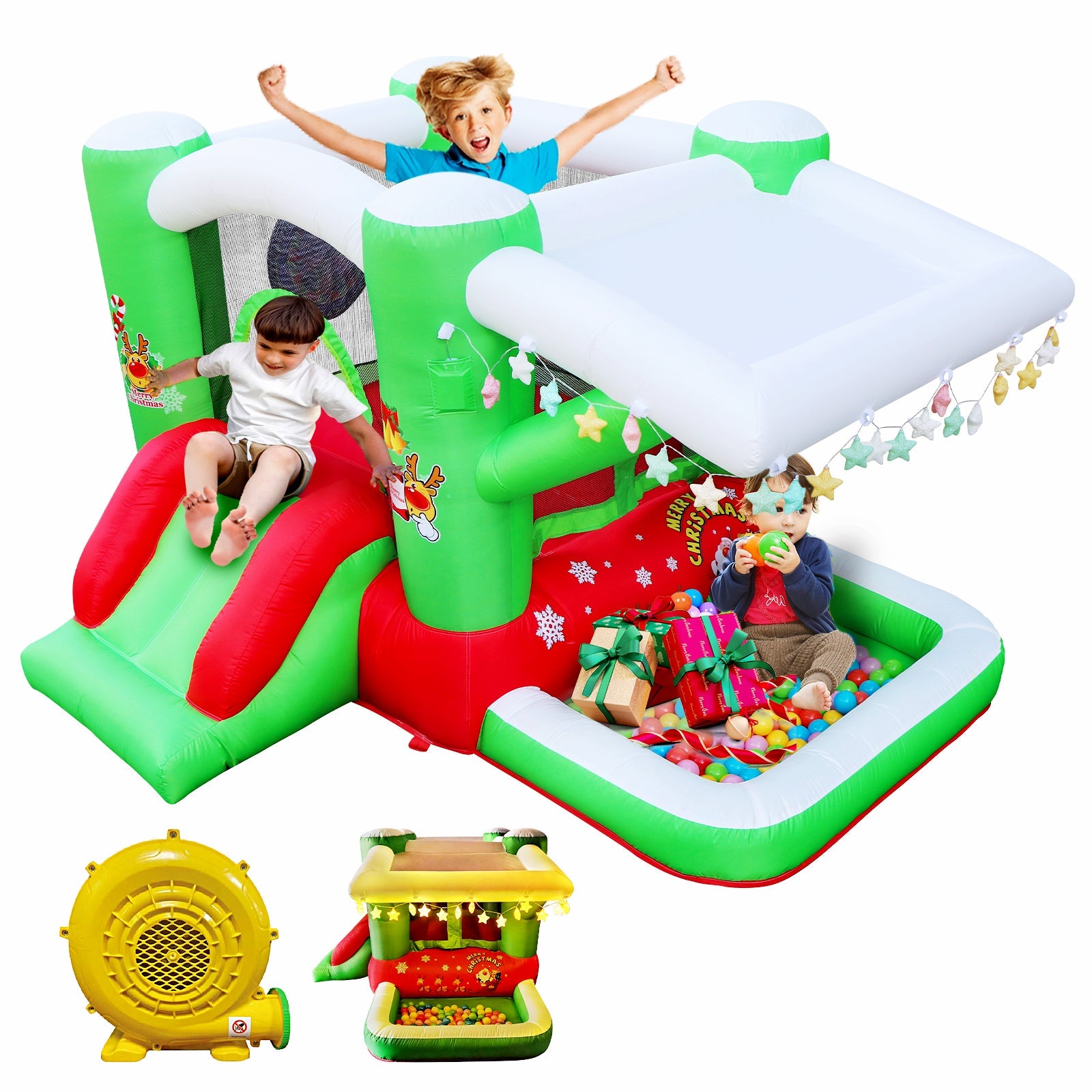 Christmas Jump 'n Slide Inflatable Bouncer for Kids Complete Setup with Blower - 80" x 91" Play Area - 55" Tall - Korvel